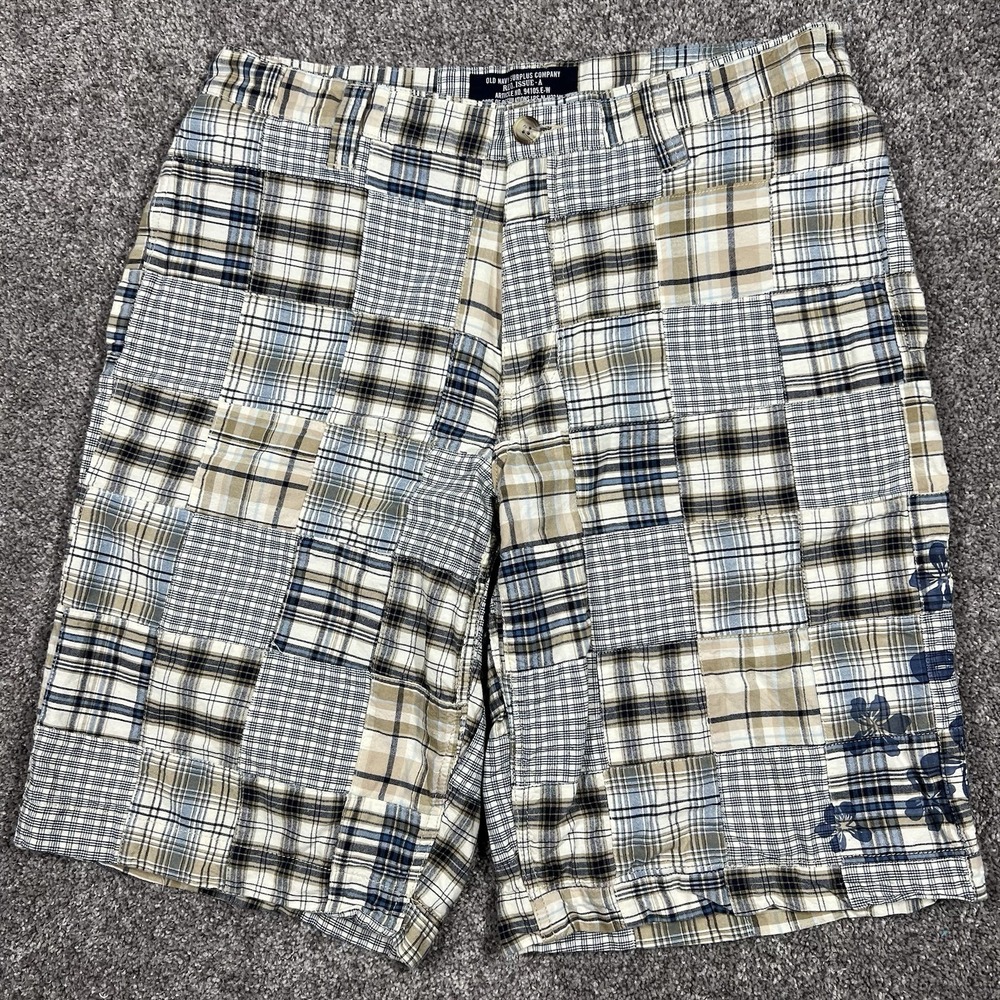Vintage Old Navy Military Surplus Shorts Mens 32-33 Plaid Patchwork Madras Chino